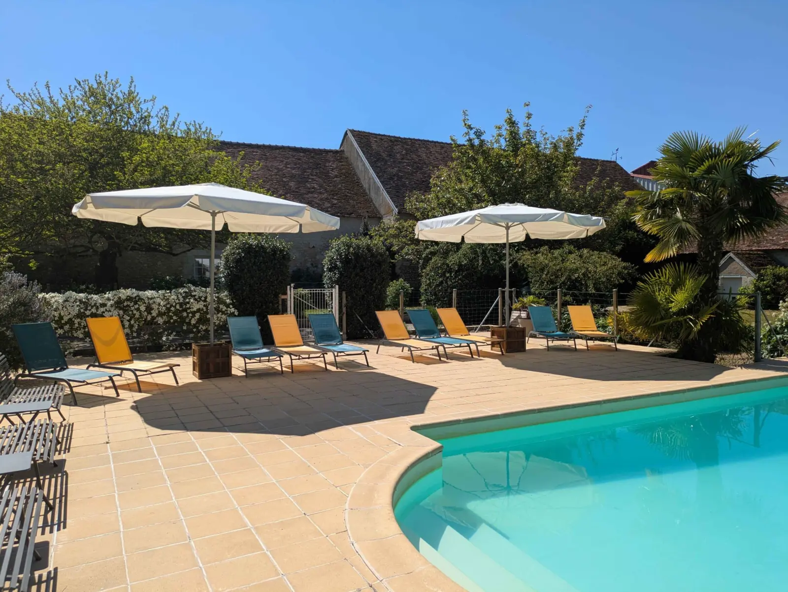 Pool with a curved edge, yellow and blue sun loungers, white parasols and palm trees, Ty Monde