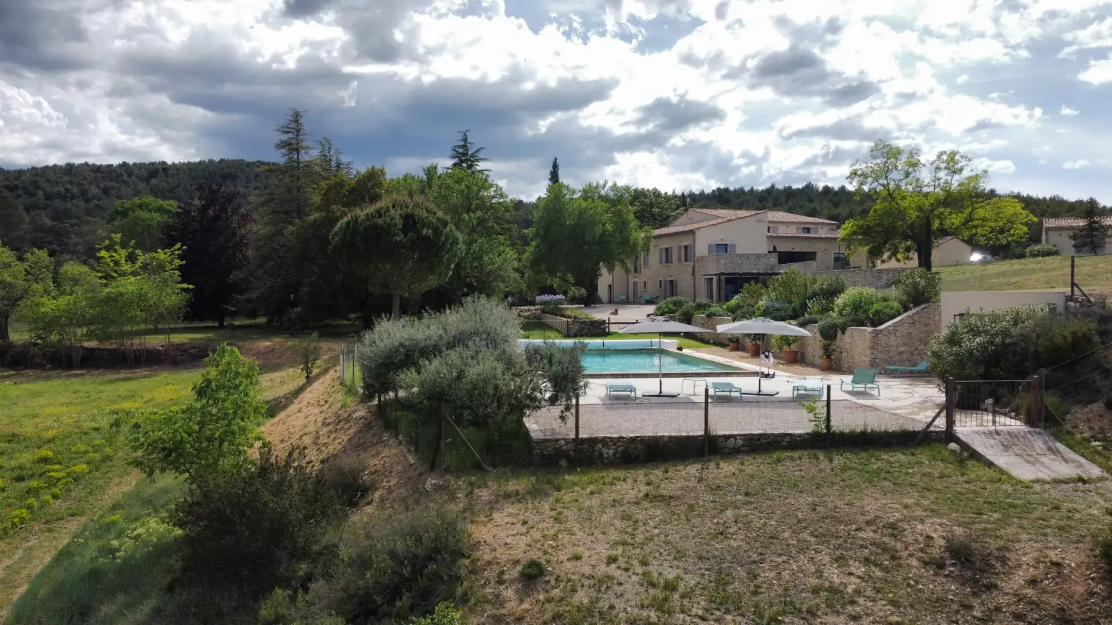 Chut ! c'est ici vue des oliviers : piscine, parasols et maison en pierre au milieu de la verdure