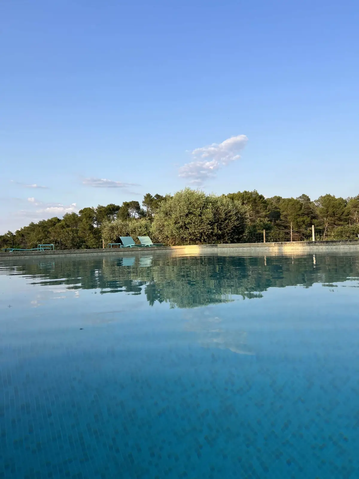 Pool at Chut ! c'est ici from water level, with loungers and pines under an evening sky