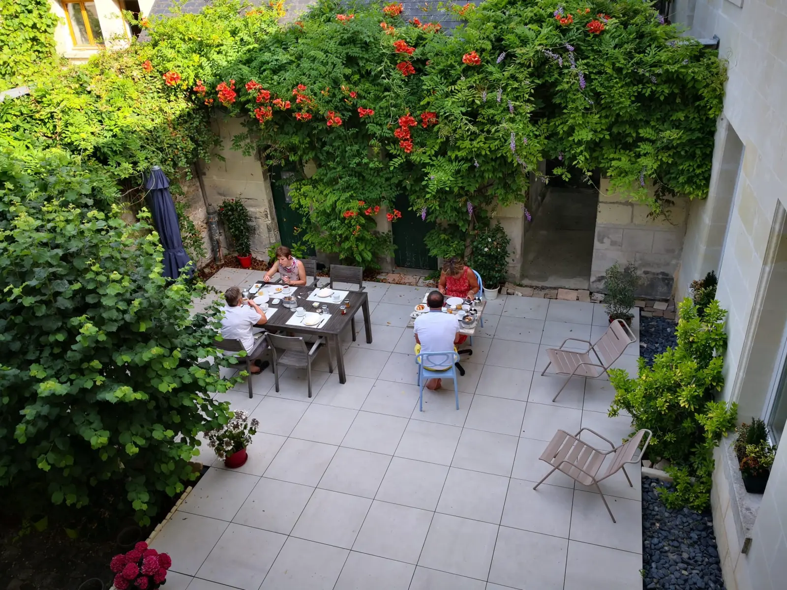 Cour fleurie vue d'en haut, hôtes attablés pour le petit-déjeuner sous un mur de bignones