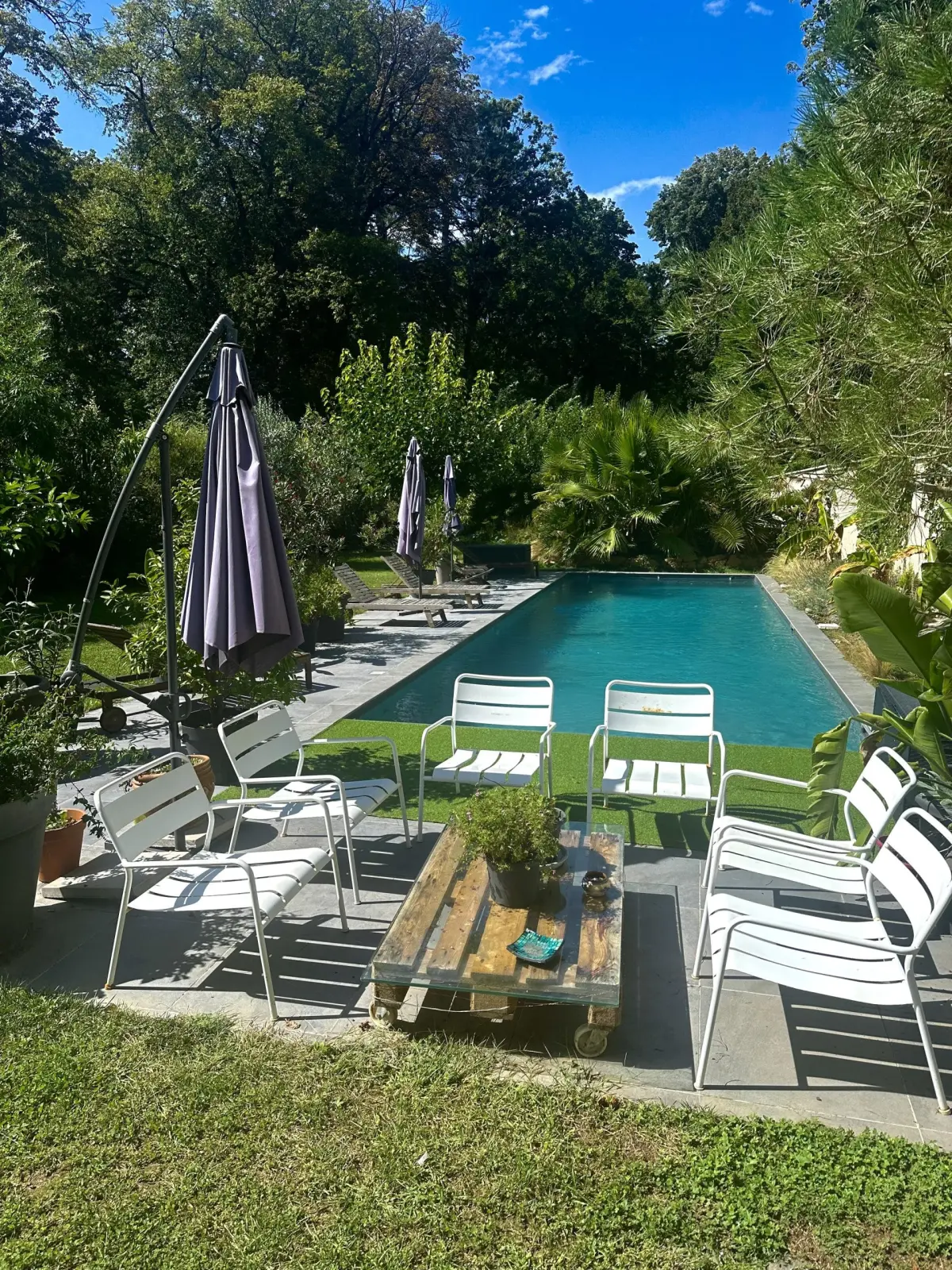 Effet Lodge pool lined with white chairs, parasols and a pallet coffee table in the garden
