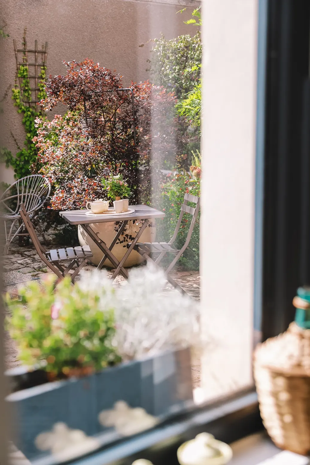 L'escale Bellifontaine courtyard seen through a window: folding table, cups and purple-leaved shrubs