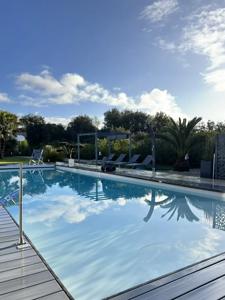 Pool at Le 36 surrounded by a wooden deck, sun loungers and palm trees, with clouds reflected in the water