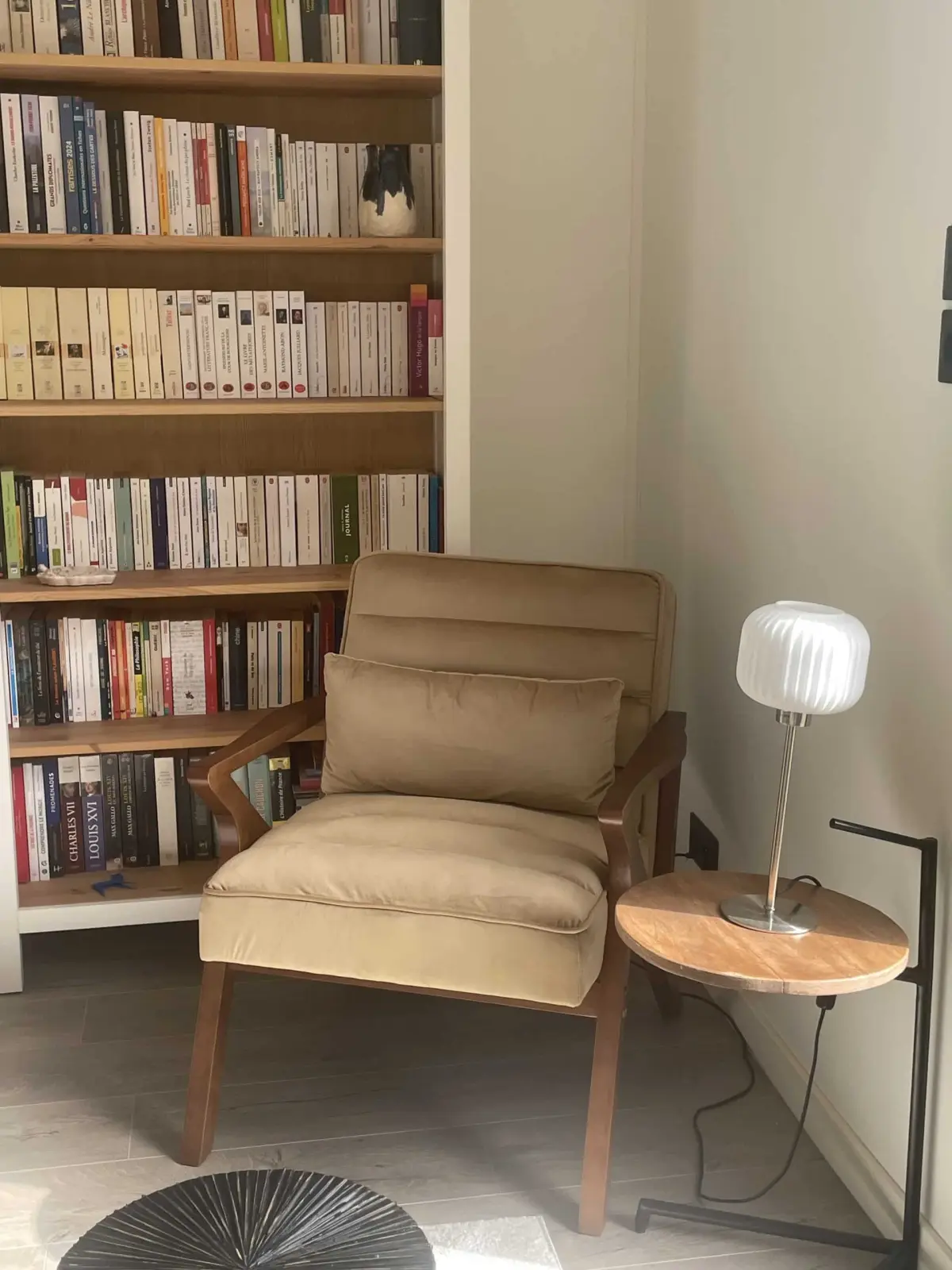 Reading corner of the lodge at Domaine de Marculfo, beige velvet armchair, lamp and well-stocked bookcase